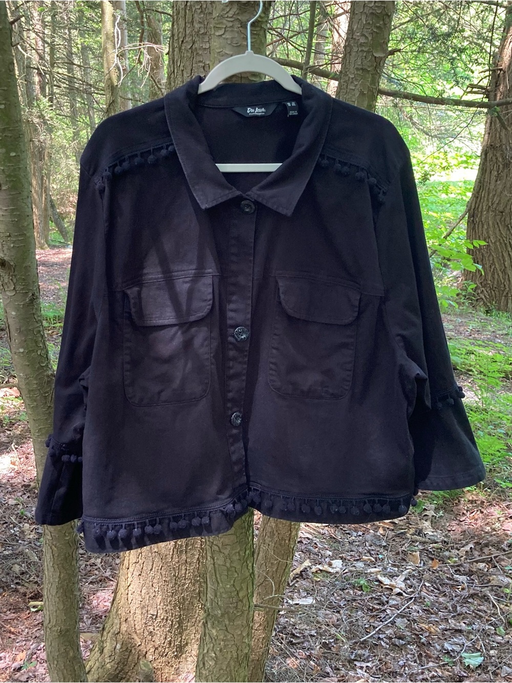 DuJour Women's Size 3X Cropped Twill Jacket with PomPom Trim and Bell Sleeves!